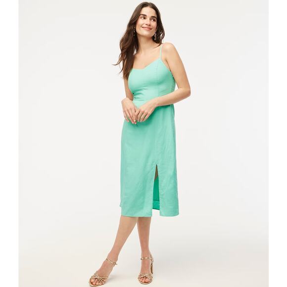 J.Crew Linen Blend Slip Midi Dress Mint Blue Slit Colorful Adjustable US 0 NWT - Picture 2 of 12